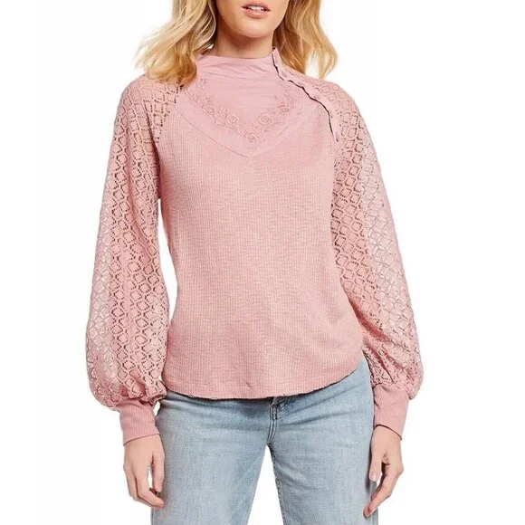 Free People Sweetest Thing Thermal Pink Blush Top Embroidery & Crochet Sz Medium - Picture 2 of 11